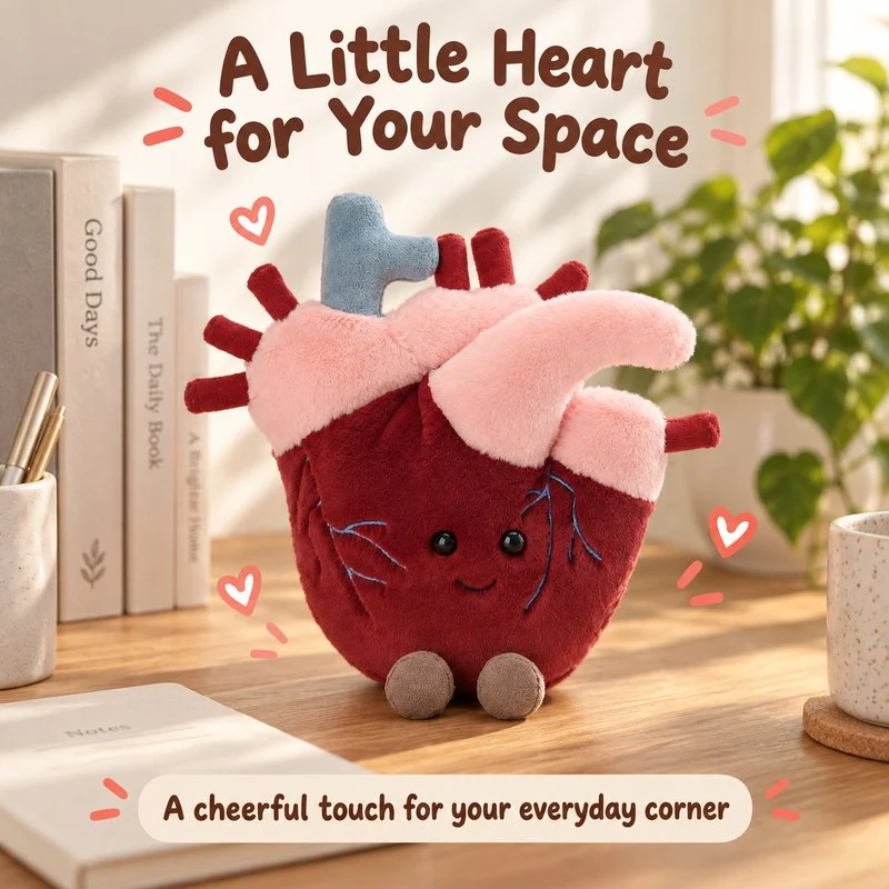 Illustrative application scene featuring anatomical heart plush; setting is a concept.