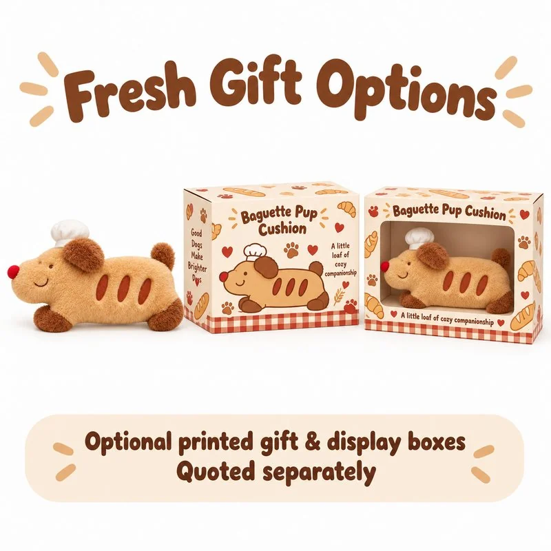Baguette Chef Dog Plush Pillow — optional packaging concept; final artwork, fit and quotation require confirmation.