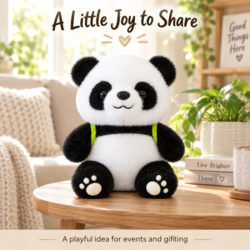 Illustrative application scene featuring bamboo backpack panda soft toy; setting is a concept.