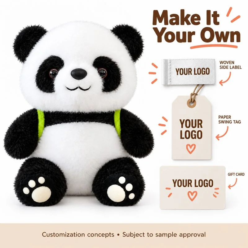 Customization concept for bamboo backpack panda soft toy; feasibility and sample approval required.