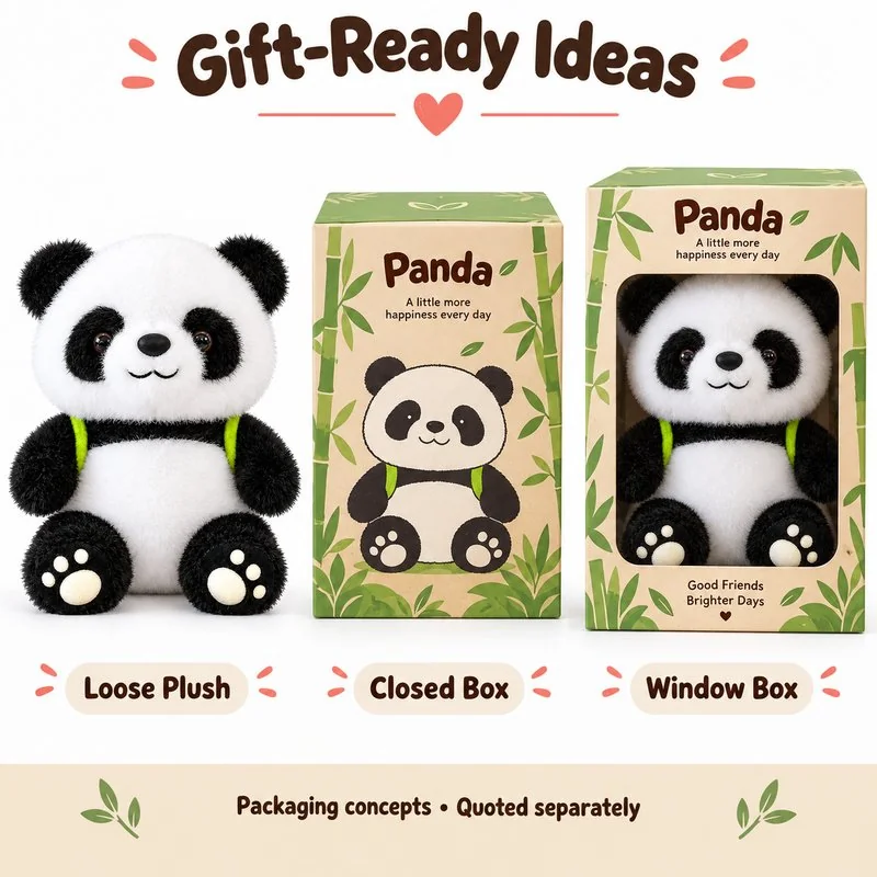 Bamboo Backpack Panda Soft Toy — optional packaging concept; final artwork, fit and quotation require confirmation.