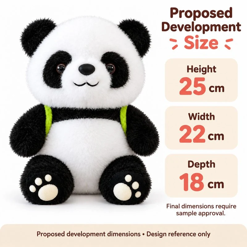 Bamboo Backpack Panda Soft Toy — proposed size reference; dimensions require sample confirmation.