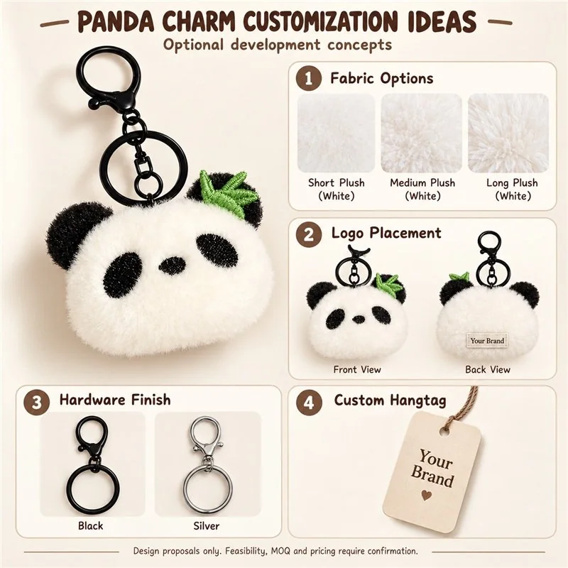 Customization concept for bamboo panda face plush keychain; feasibility and sample approval required.