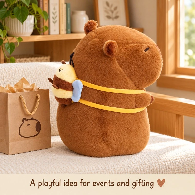 Illustrative application scene featuring bee backpack capybara plush; setting is a concept.