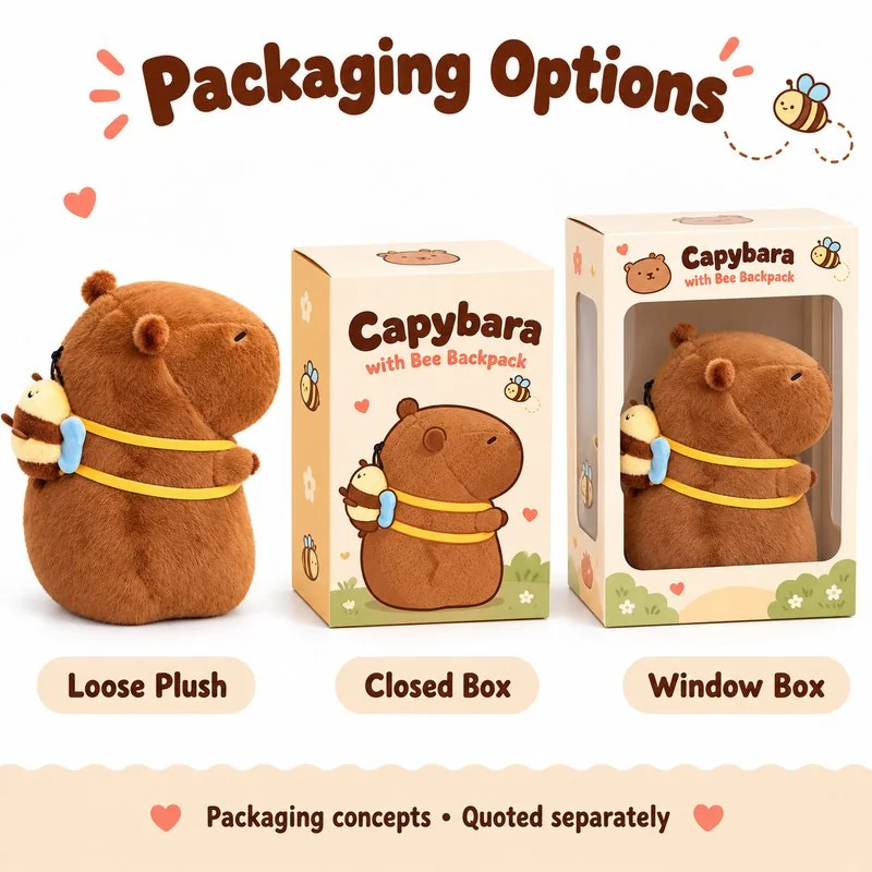 Bee Backpack Capybara Plush — optional packaging concept; final artwork, fit and quotation require confirmation.