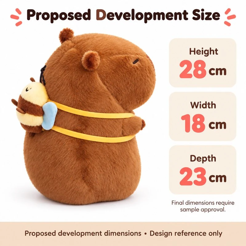 Bee Backpack Capybara Plush — proposed size reference; dimensions require sample confirmation.
