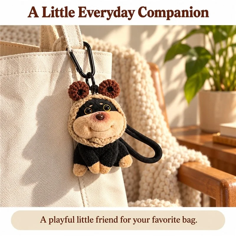 Illustrative application scene featuring bee costume puppy plush keychain; setting is a concept.