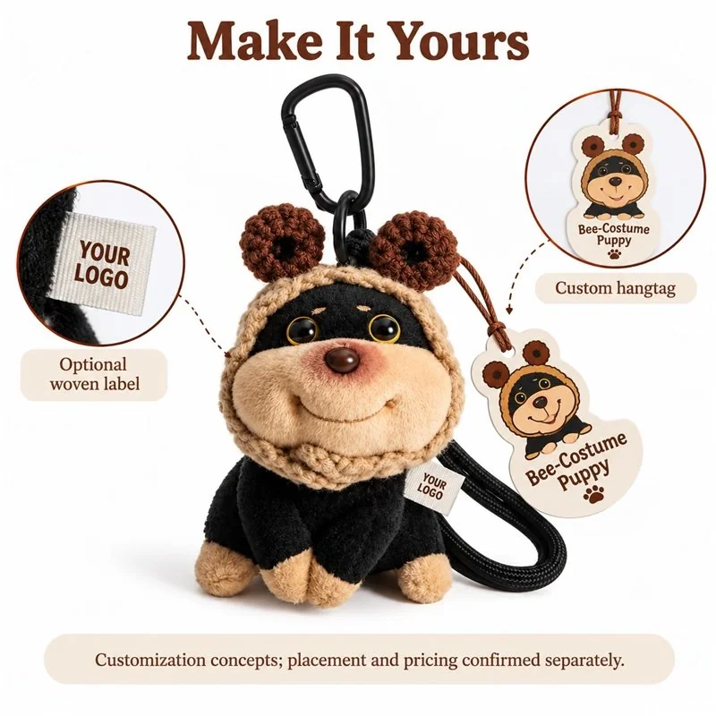 Customization concept for bee costume puppy plush keychain; feasibility and sample approval required.