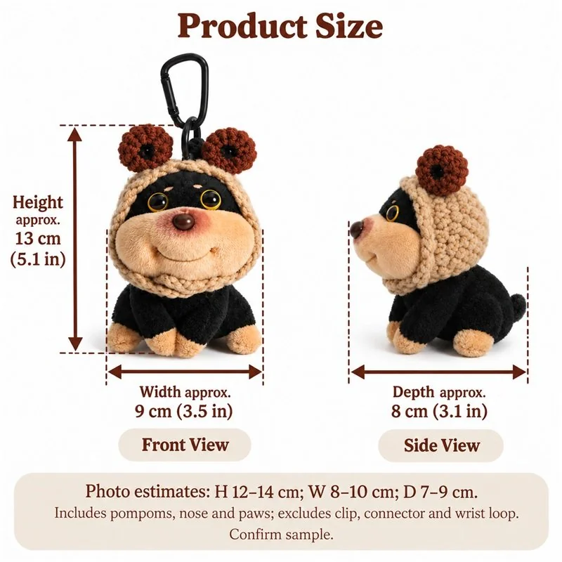 Bee Costume Puppy Plush Keychain — proposed size reference; dimensions require sample confirmation.
