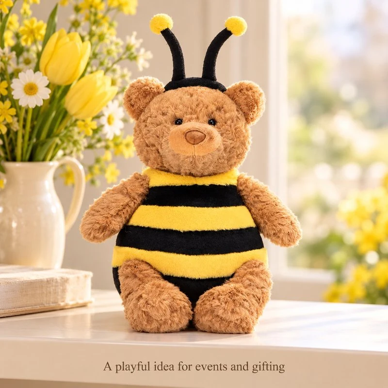 Illustrative application scene featuring bee costume teddy bear plush; setting is a concept.