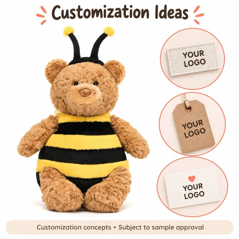 Customization concept for bee costume teddy bear plush; feasibility and sample approval required.