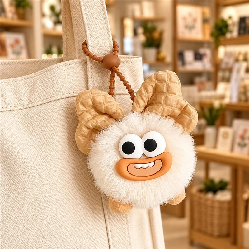 Illustrative application scene featuring beige bow funny face pompom keychain; setting is a concept.