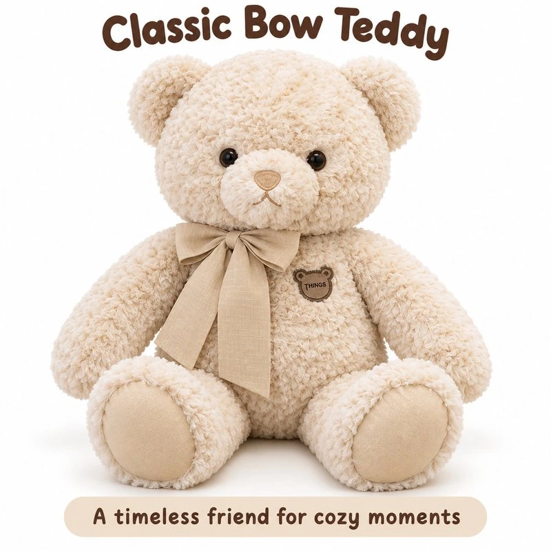 Curly Beige Bow Teddy Bear Plush