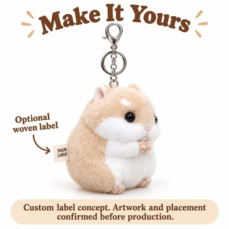 Customization concept for beige hamster plush keychain; feasibility and sample approval required.