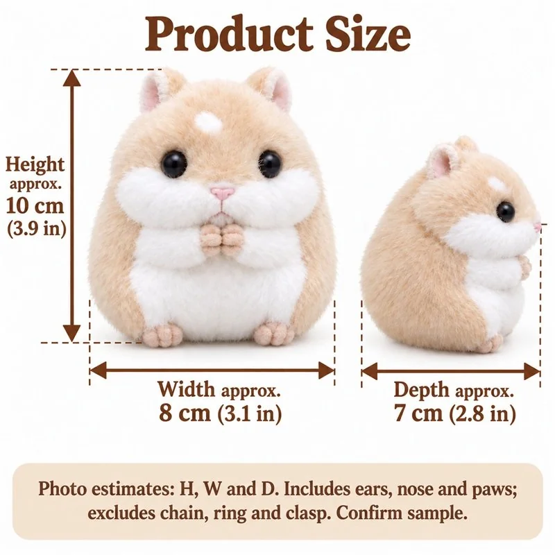 Beige Hamster Plush Keychain — proposed size reference; dimensions require sample confirmation.
