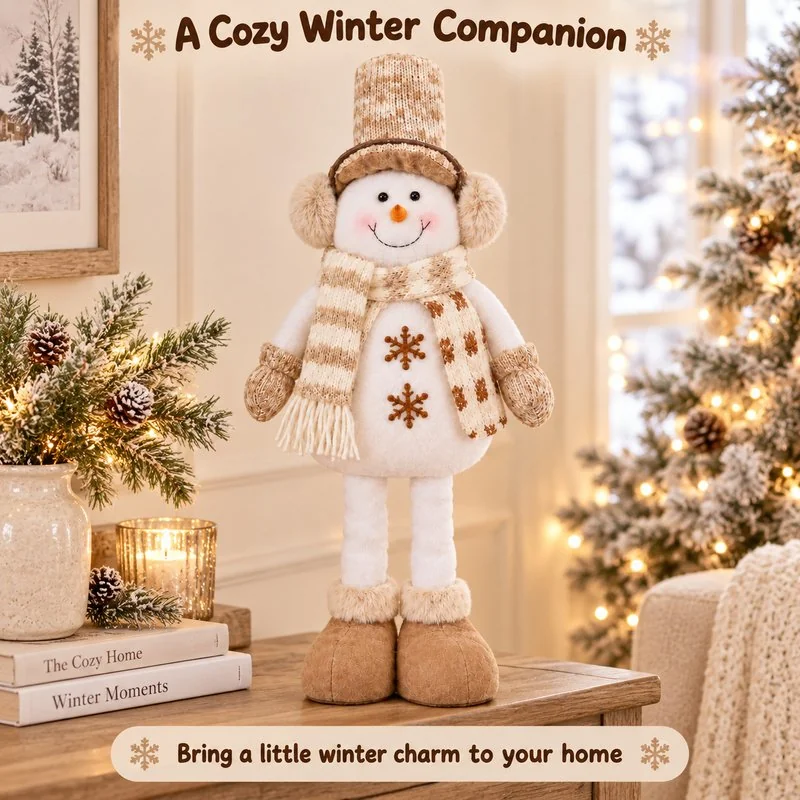 Illustrative application scene featuring beige snowflake snowman plush; setting is a concept.