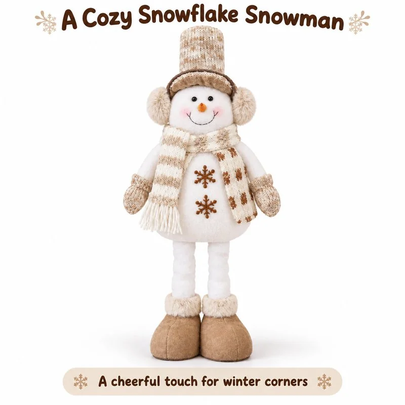 Beige snowflake snowman plush concept with scarf and hat, front view for B2B customization reference