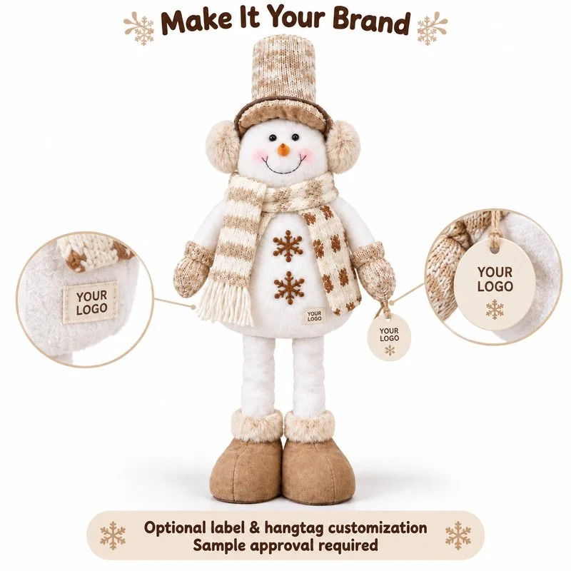 Customization concept for beige snowflake snowman plush; feasibility and sample approval required.