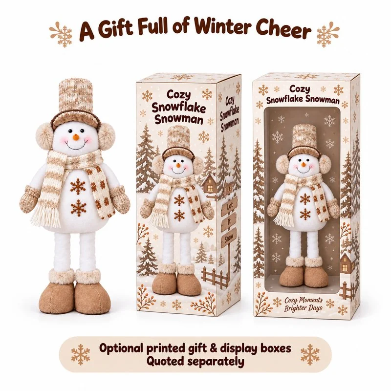 Beige Snowflake Snowman Plush — optional packaging concept; final artwork, fit and quotation require confirmation.