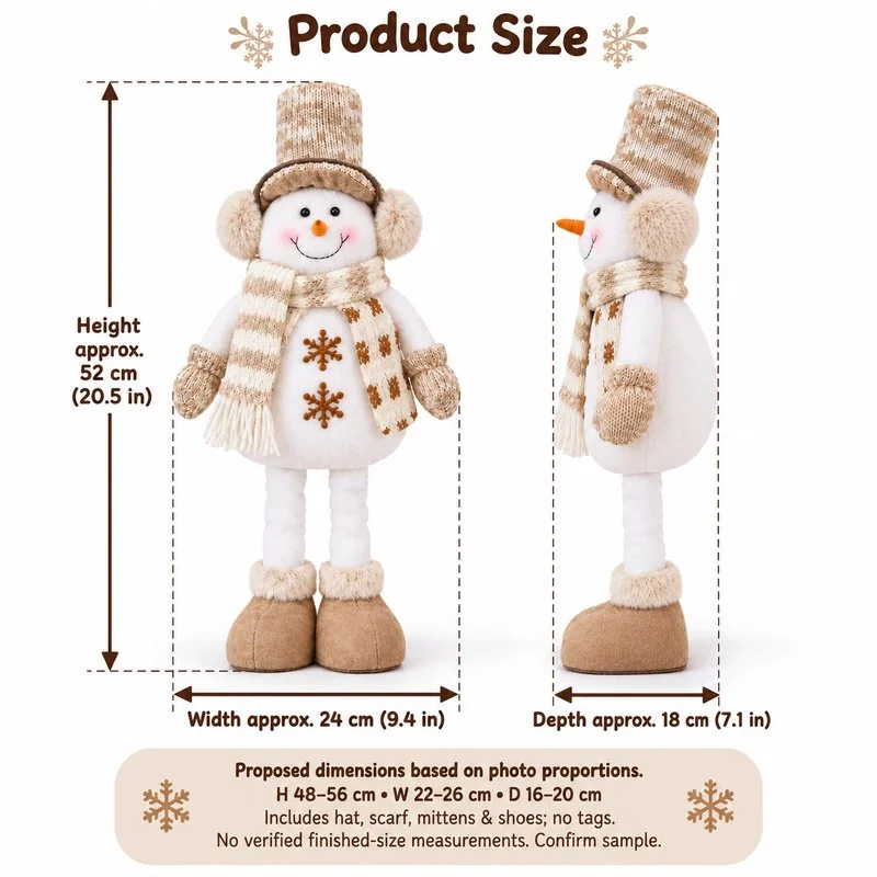 Beige Snowflake Snowman Plush — proposed size reference; dimensions require sample confirmation.