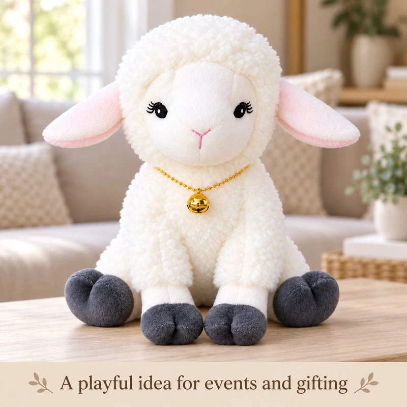 Illustrative application scene featuring bell necklace white lamb plush; setting is a concept.