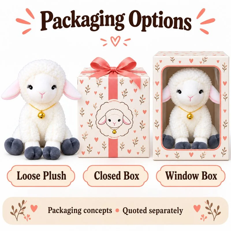 Bell Necklace White Lamb Plush — optional packaging concept; final artwork, fit and quotation require confirmation.