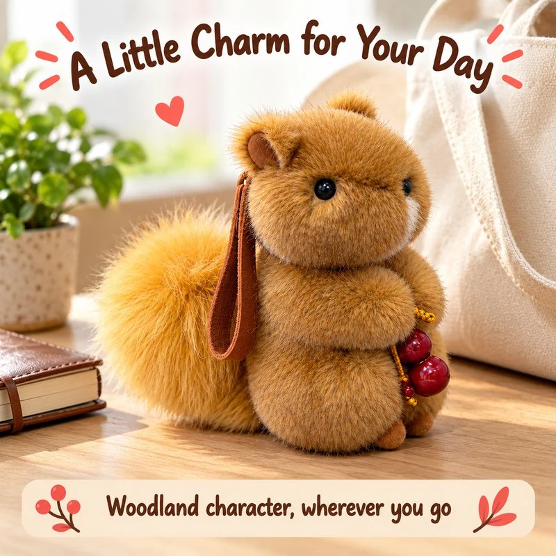 Illustrative application scene featuring berry holding squirrel plush; setting is a concept.