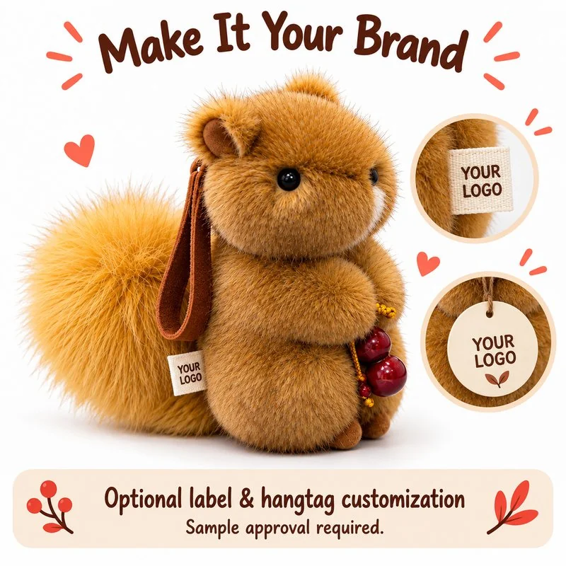Customization concept for berry holding squirrel plush; feasibility and sample approval required.
