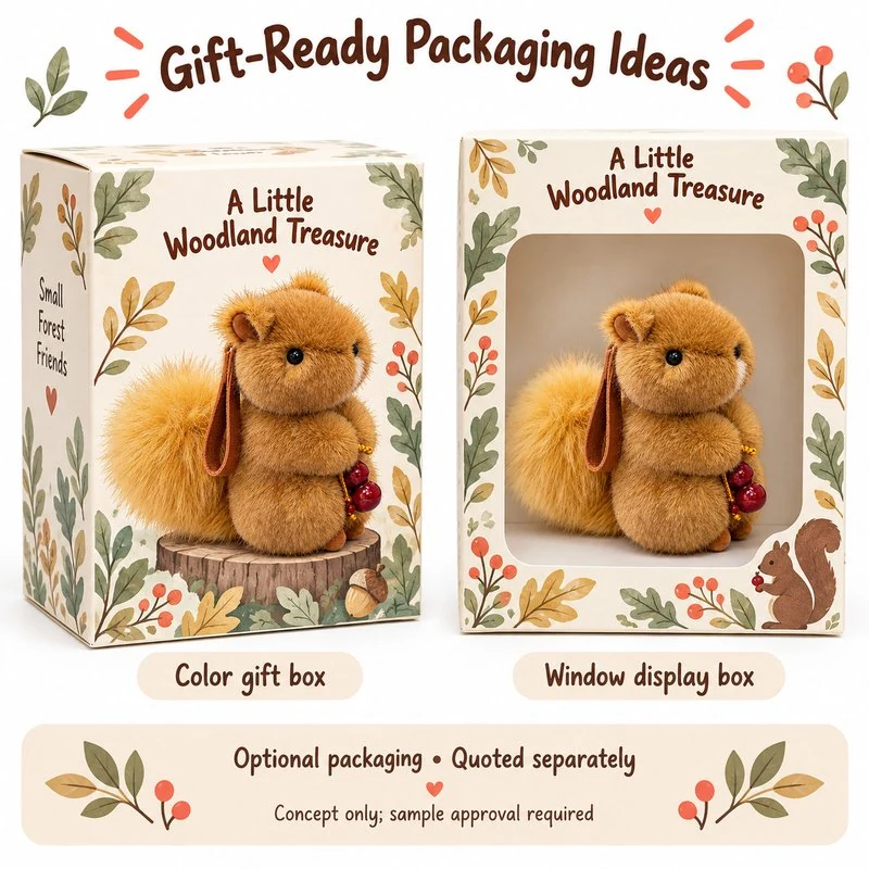 Berry Holding Squirrel Plush — optional packaging concept; final artwork, fit and quotation require confirmation.