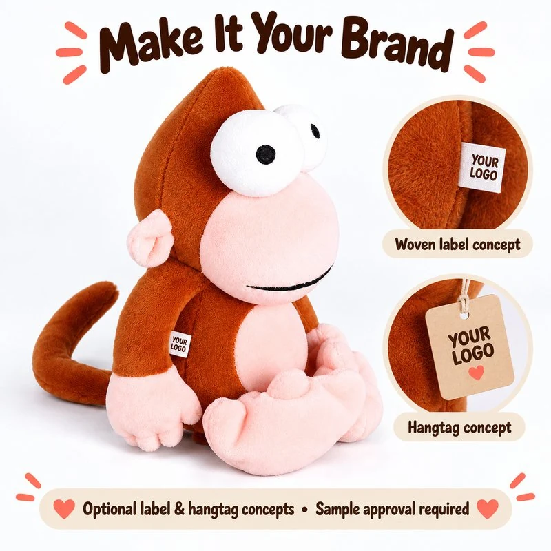 Customization concept for big eyed brown monkey plush; feasibility and sample approval required.