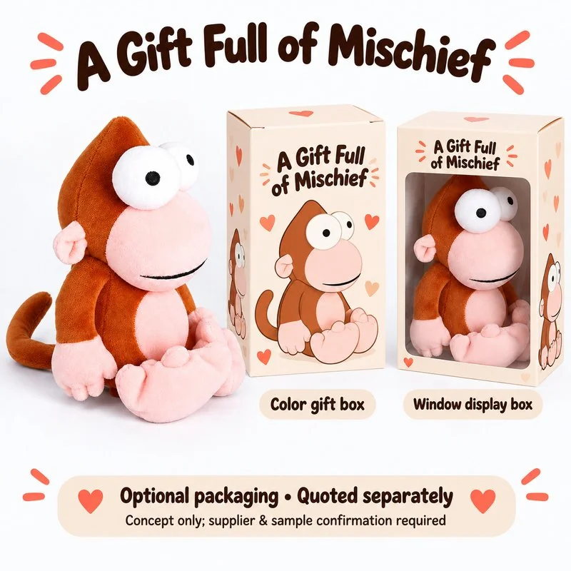 Big Eyed Brown Monkey Plush — optional packaging concept; final artwork, fit and quotation require confirmation.