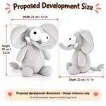 Big Eyed Gray Elephant Plush — proposed size reference; dimensions require sample confirmation.