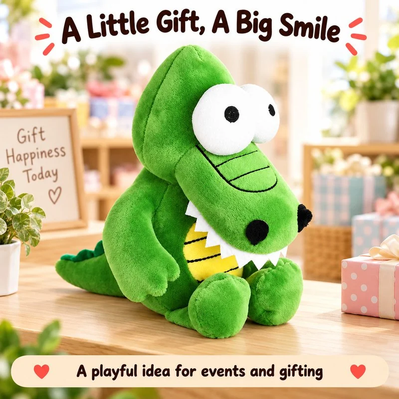 Illustrative application scene featuring big eyed green crocodile plush; setting is a concept.
