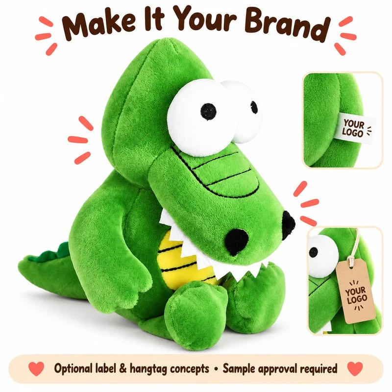 Customization concept for big eyed green crocodile plush; feasibility and sample approval required.
