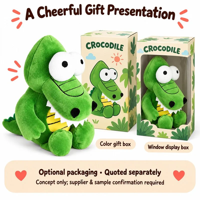 Big Eyed Green Crocodile Plush — optional packaging concept; final artwork, fit and quotation require confirmation.