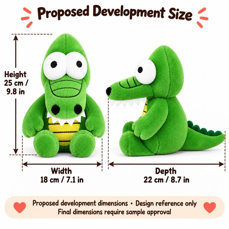 Big Eyed Green Crocodile Plush — proposed size reference; dimensions require sample confirmation.