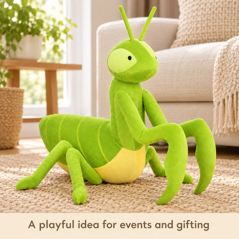 Illustrative application scene featuring big eyed green mantis plush toy; setting is a concept.