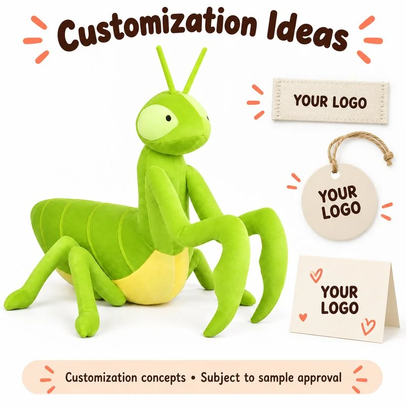 Customization concept for big eyed green mantis plush toy; feasibility and sample approval required.