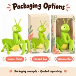 Big Eyed Green Mantis Plush Toy — optional packaging concept; final artwork, fit and quotation require confirmation.