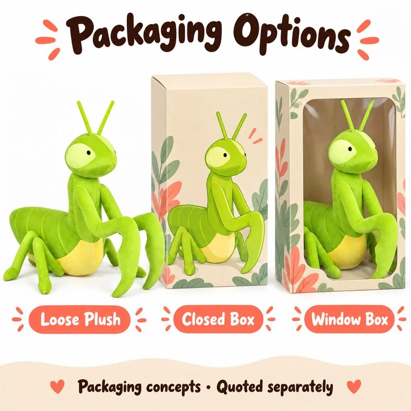 Big Eyed Green Mantis Plush Toy — optional packaging concept; final artwork, fit and quotation require confirmation.
