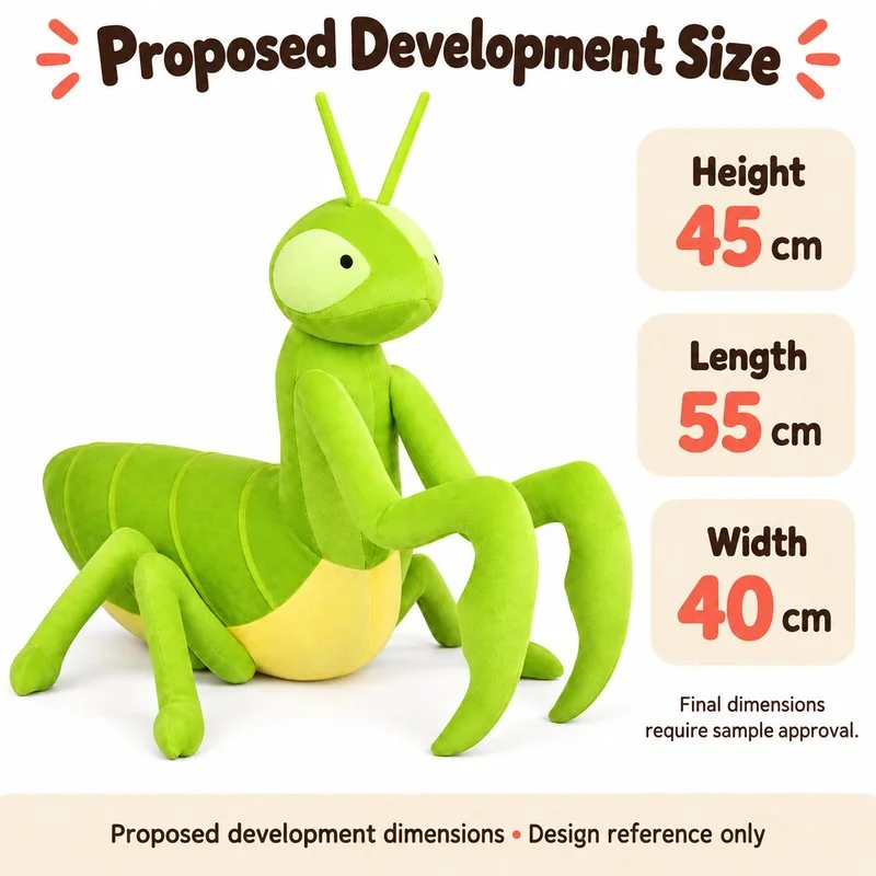 Big Eyed Green Mantis Plush Toy — proposed size reference; dimensions require sample confirmation.