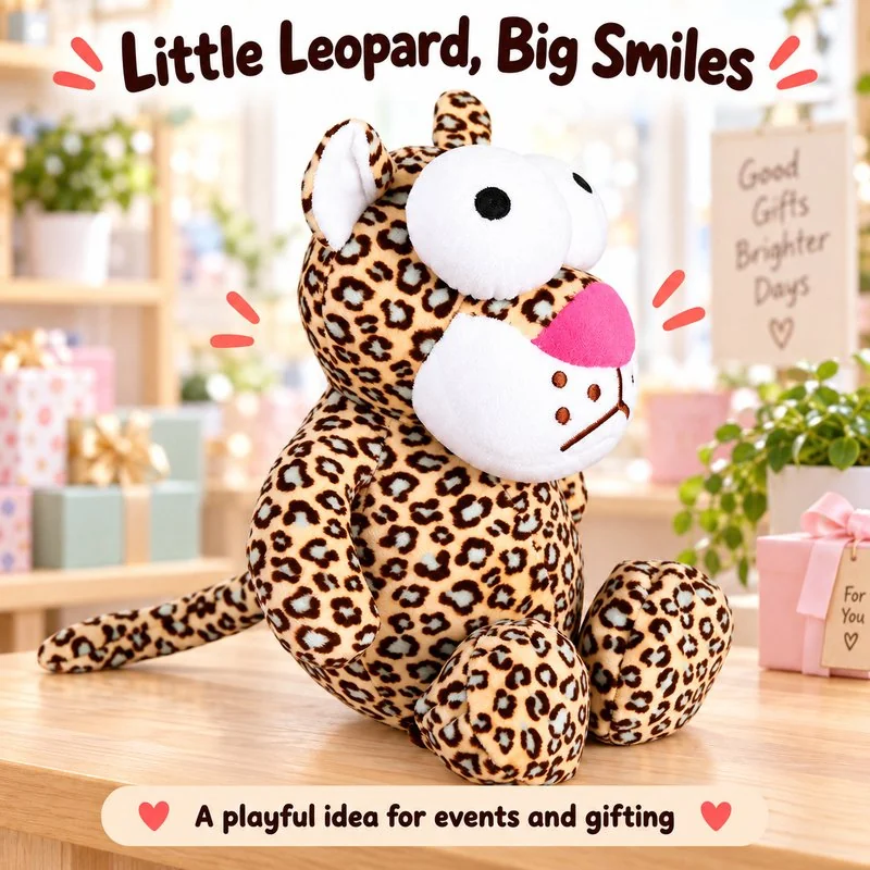 Illustrative application scene featuring big eyed leopard plush; setting is a concept.