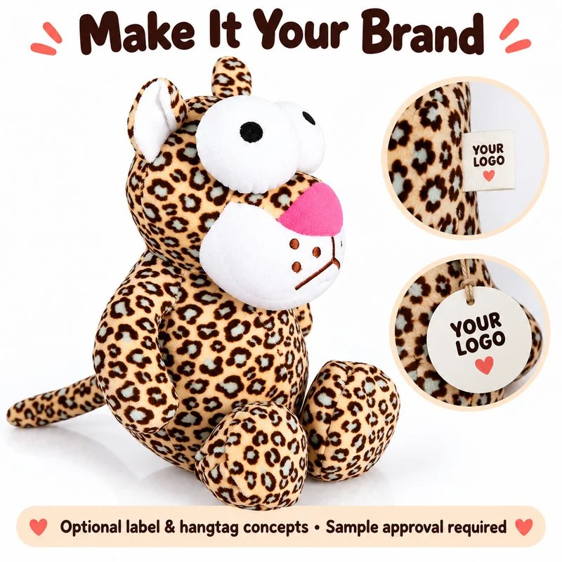 Customization concept for big eyed leopard plush; feasibility and sample approval required.