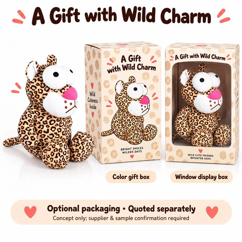 Big Eyed Leopard Plush — optional packaging concept; final artwork, fit and quotation require confirmation.