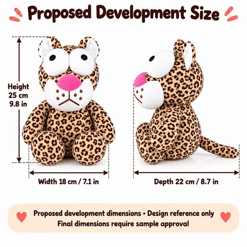 Big Eyed Leopard Plush — proposed size reference; dimensions require sample confirmation.
