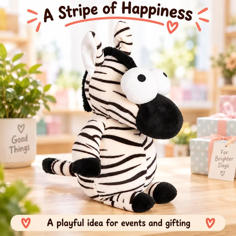 Illustrative application scene featuring big eyed striped zebra plush; setting is a concept.