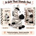 Big Eyed Striped Zebra Plush — optional packaging concept; final artwork, fit and quotation require confirmation.