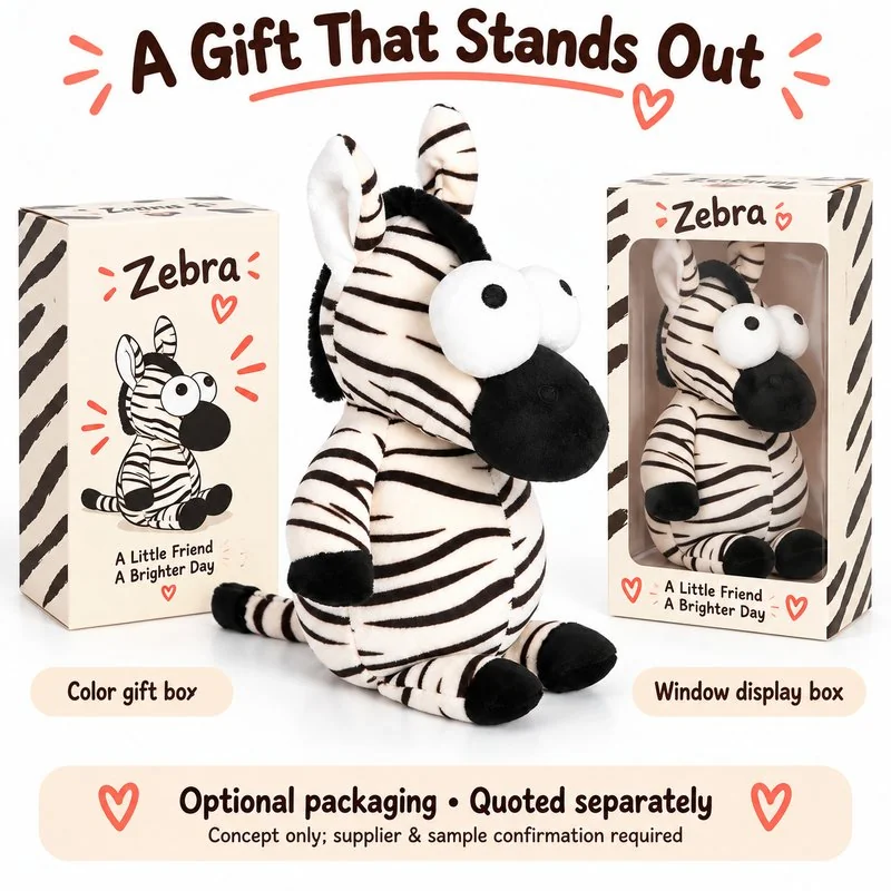 Big Eyed Striped Zebra Plush — optional packaging concept; final artwork, fit and quotation require confirmation.