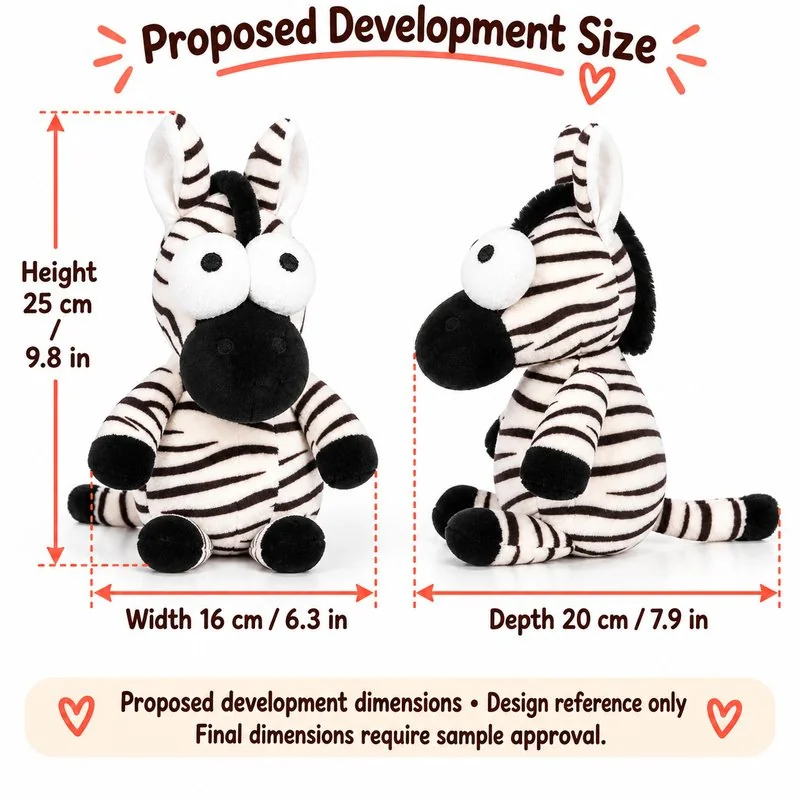 Big Eyed Striped Zebra Plush — proposed size reference; dimensions require sample confirmation.