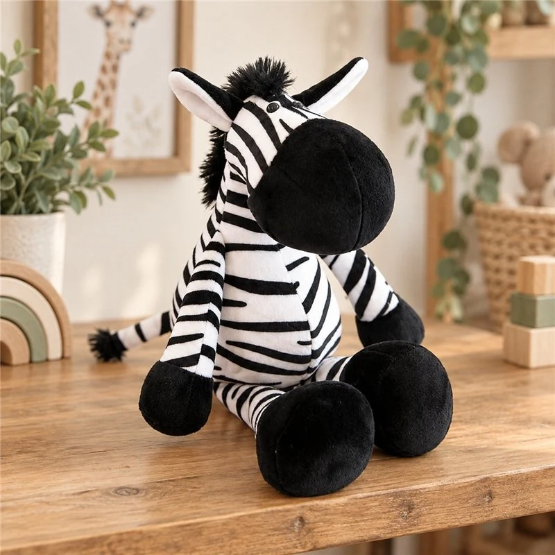 Illustrative application scene featuring big muzzle zebra plush; setting is a concept.